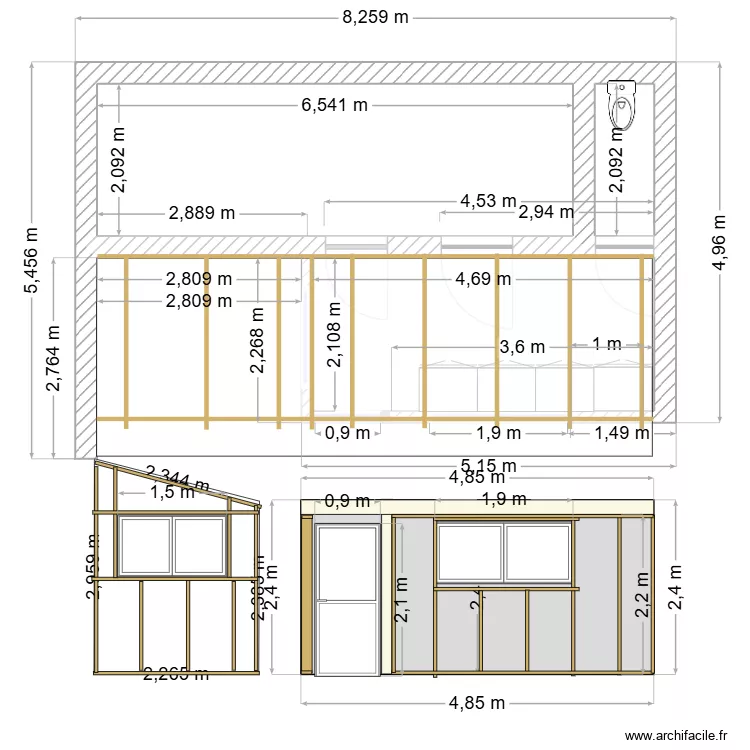 am&eacute;nagement pr&eacute;au / Langrune / Bruno Ly/ plan debit 2. Plan de 3  et 25 m²