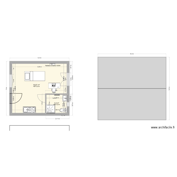 Local soins. Plan de 2 pièces et 23 m2