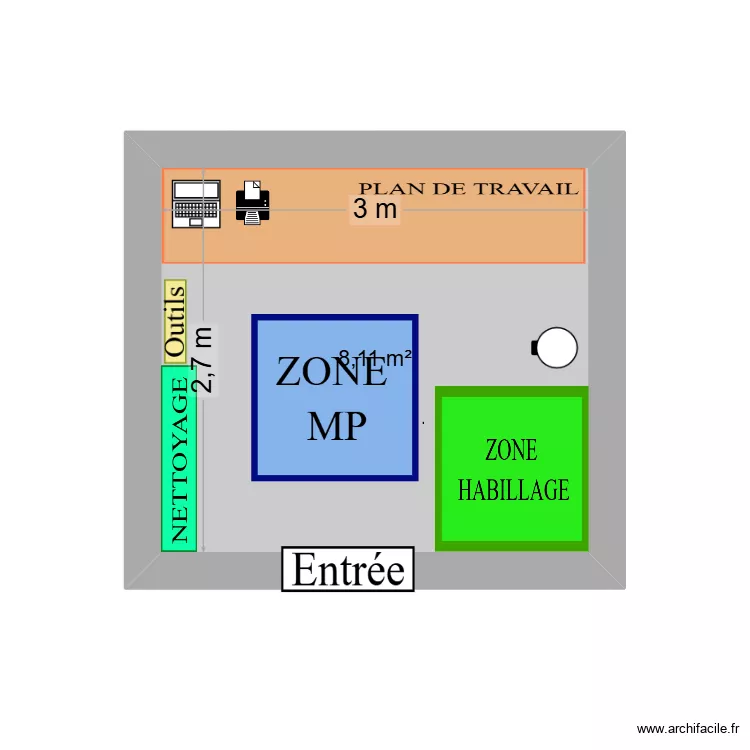 Option 1: plan  avec paillasse sur mur du fond. Plan de 1  et 8 m²