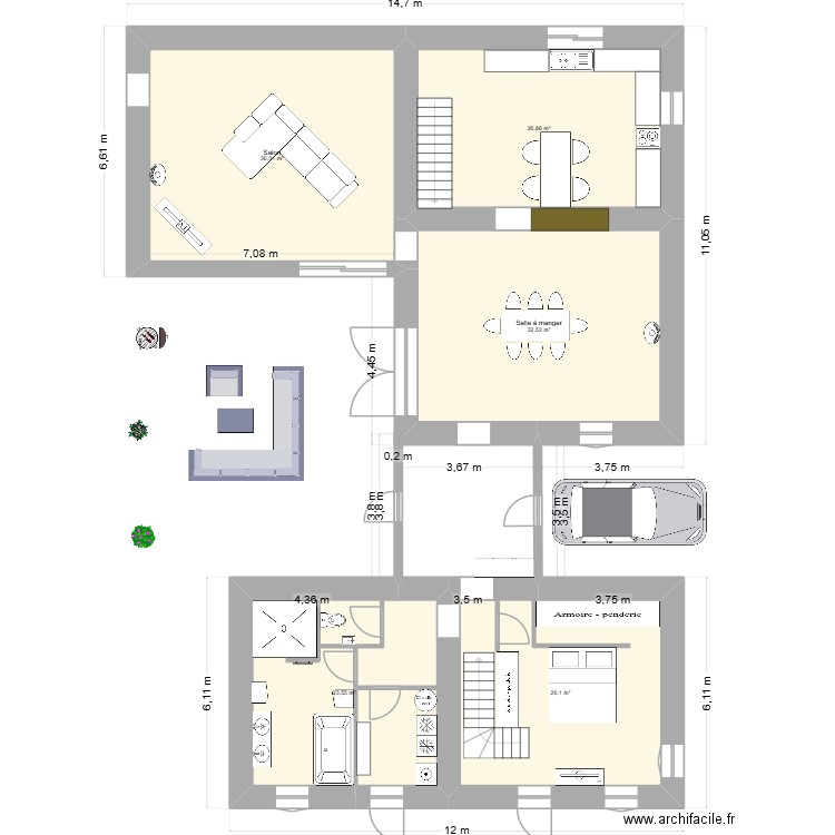 maison rdc. Plan de 5 pièces et 145 m2