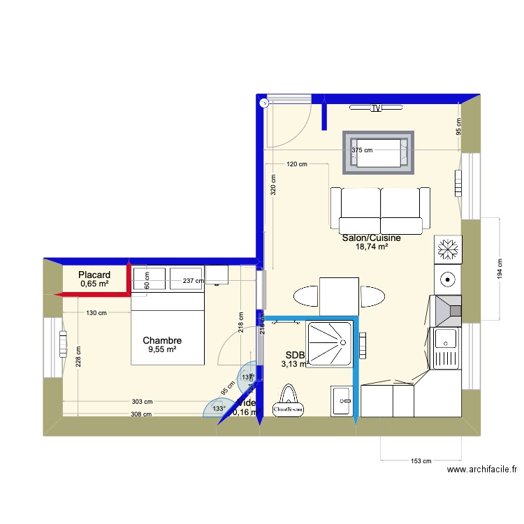 Louis Pasteur 2 (SDB plus petite). Plan de 5 pièces et 32 m2