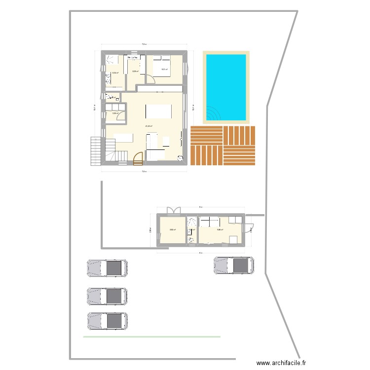 29-10 en long + garage devant + escalier 2x2. Plan de 18 pièces et 242 m2