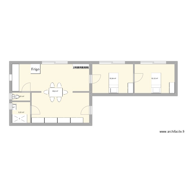 plan T3. Plan de 5 pièces et 59 m2