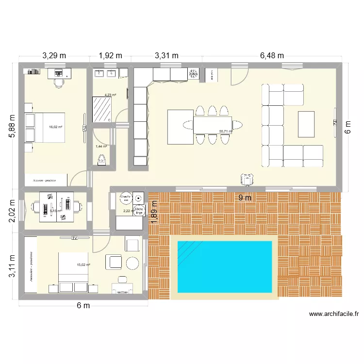 Maison ossature bois. Plan de 7 pièces et 100 m²