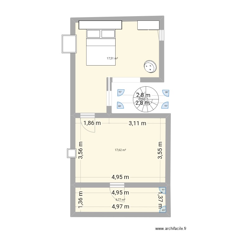 Etage. Plan de 4 pièces et 45 m2