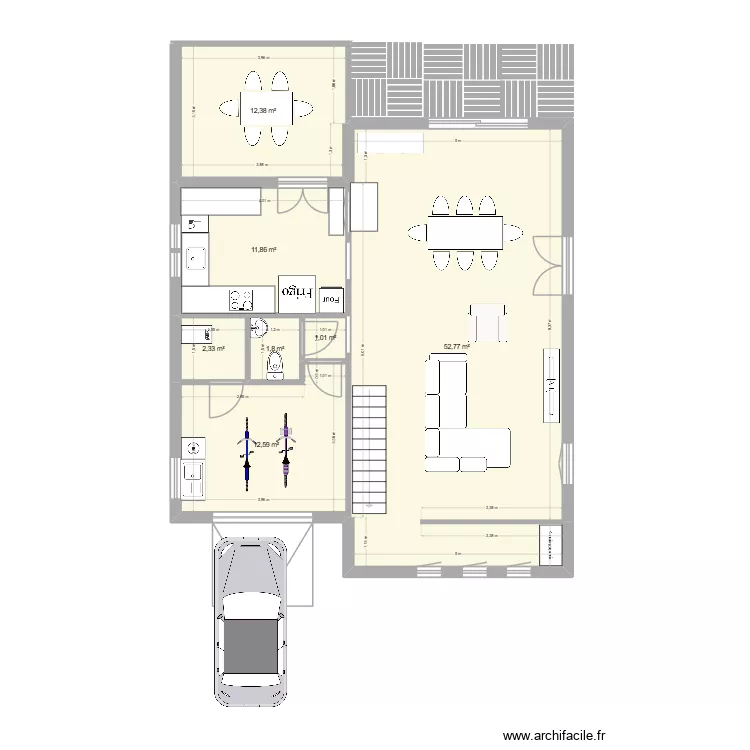 Plan cuisine-garage. Plan de 7  et 95 m²