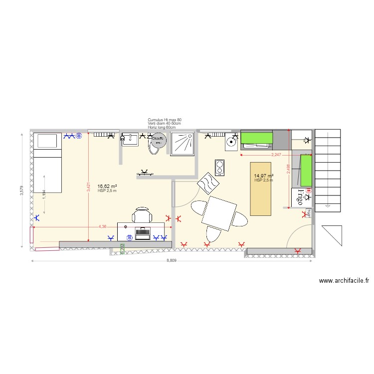 Studio Infir v5. Plan de 2 pièces et 32 m2