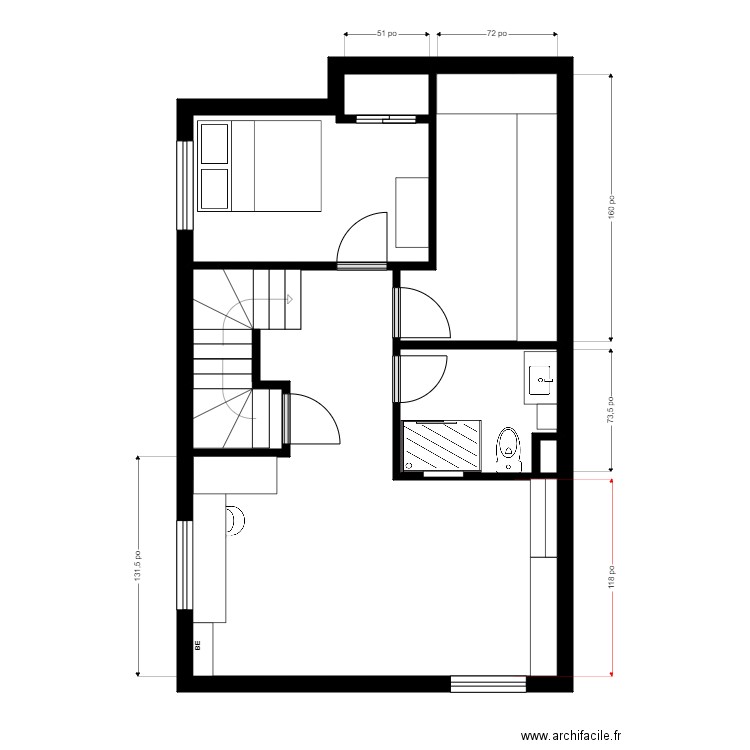 houle vide. Plan de 5 pièces et 47 m2