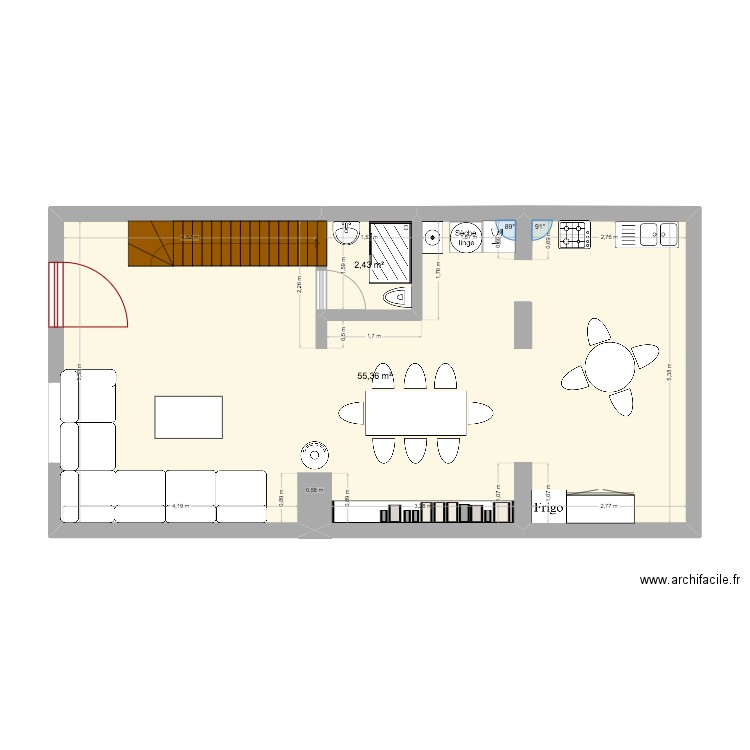 rdc polliat. Plan de 2 pièces et 58 m2