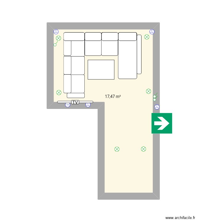 Salon. Plan de 1 pièce et 17 m2