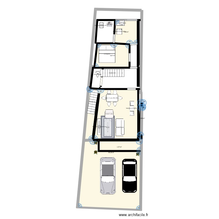 vue en plan rez des chose derrieure. Plan de 5 pièces et 89 m2
