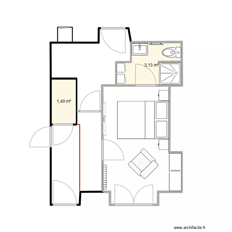 chambre et sdb rdc. Plan de 2  et 5 m²