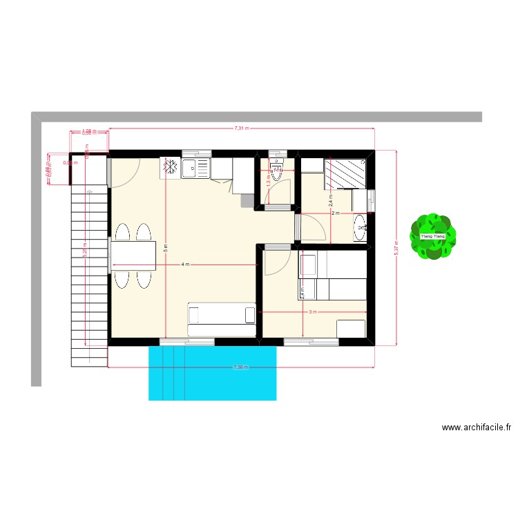 Etage kiosque studio V3.1 du 6 juin 2025. Plan de 4 pièces et 34 m2