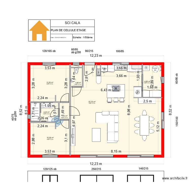 SCI CALA - PLANS CELLULE ETAGE AXEL - N°4 - 2025. Plan de 9 pièces et 92 m2