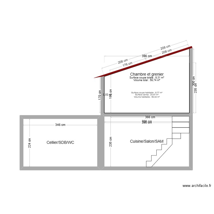 plan coupe 1. Plan de 2 pièces et 17 m2