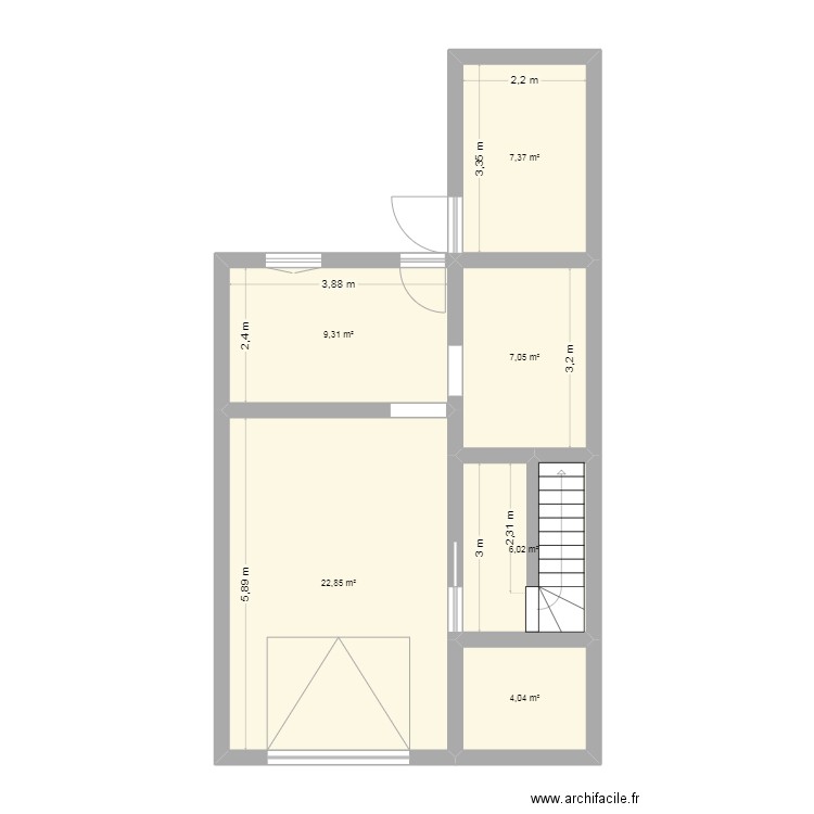 sous sol. Plan de 6 pièces et 57 m2