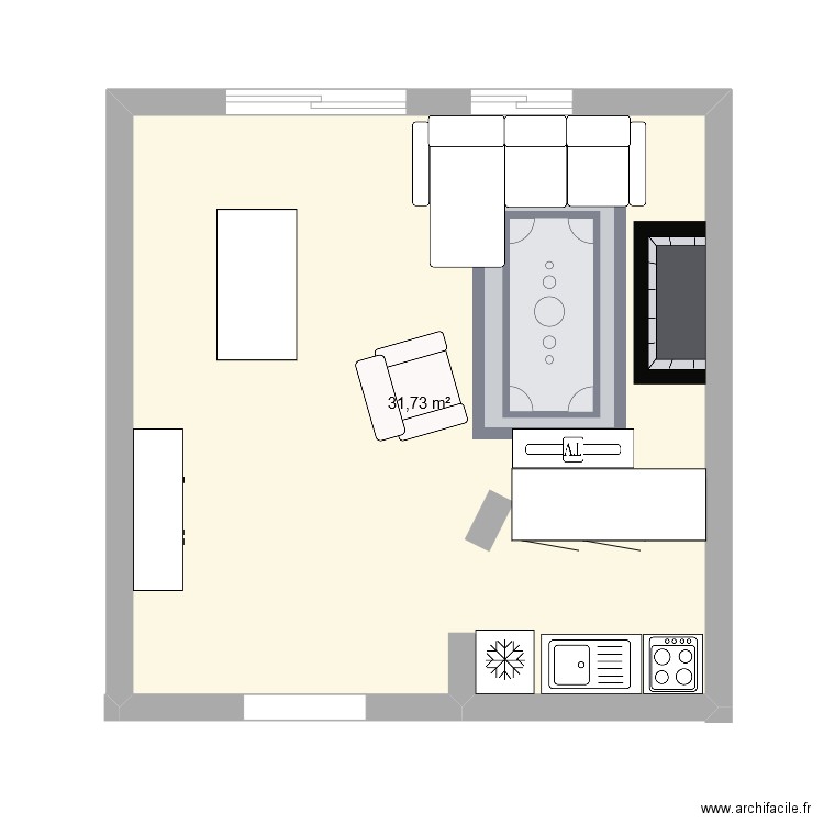 Salon duplex V2. Plan de 1 pièce et 32 m2