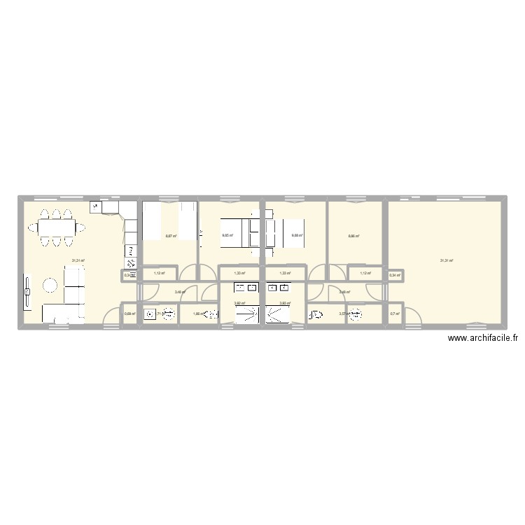 Projet2. Plan de 21 pièces et 129 m2