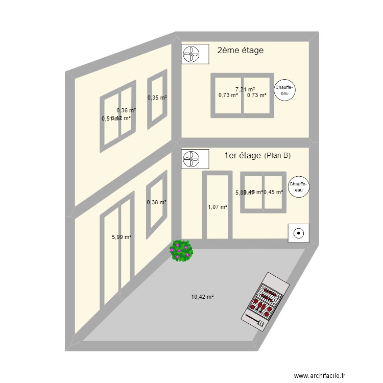 Maison El Houda - Coupe sur COUR (Plan B). Plan de 14 pièces et 48 m2