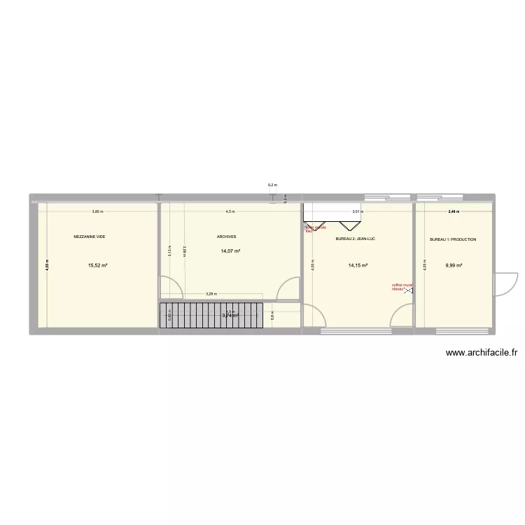 EXISTANT: MEZZA/ ARCHIVES / BUREAUX. Plan de 5  et 57 m²