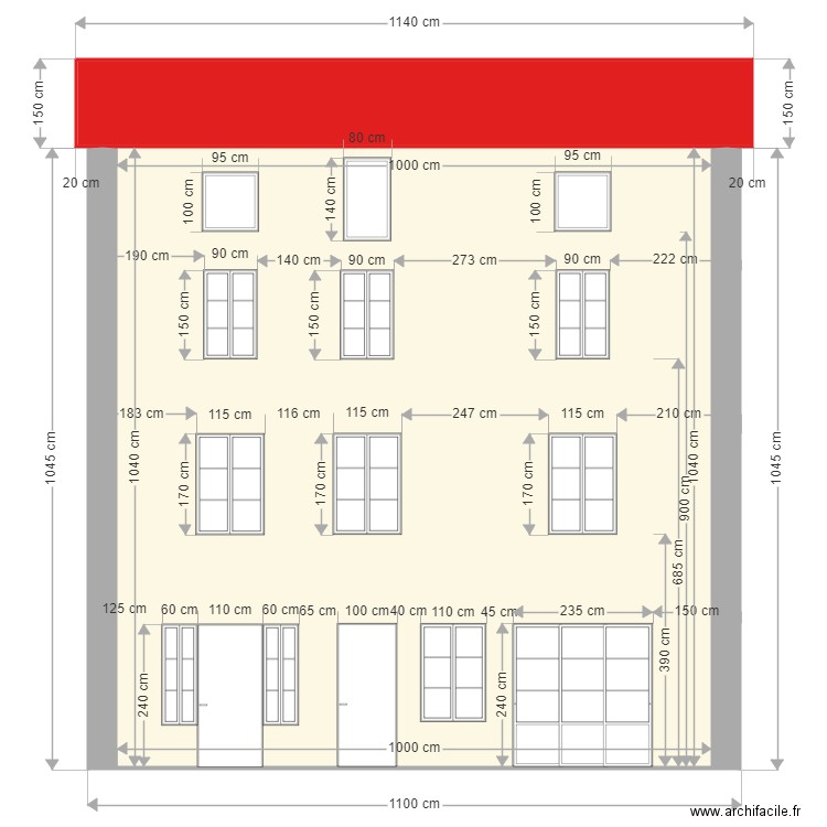 210m2 façade Ouest actuel. Plan de 2 pièces et 120 m2