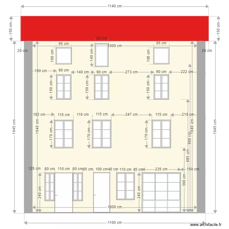 210m2 fa&ccedil;ade Ouest actuel. Plan de 