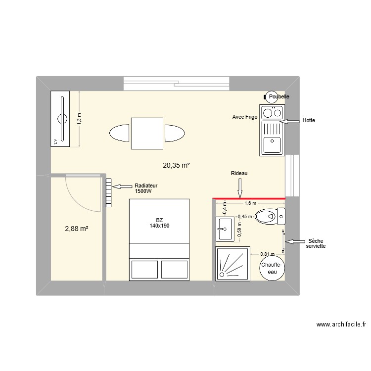 Fanie implantation. Plan de 2 pièces et 23 m2
