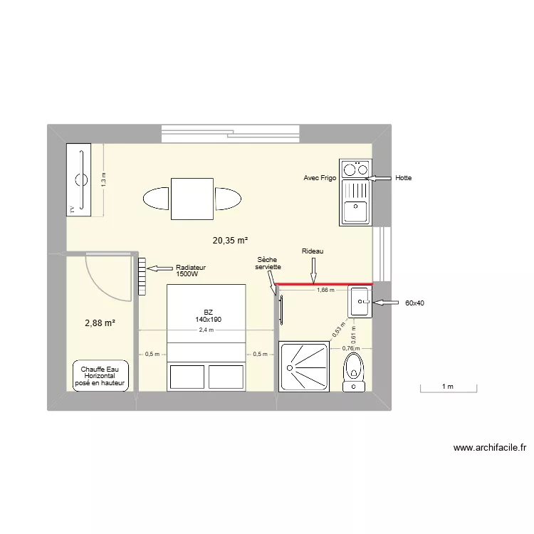 Fanie implantation. Plan de 2  et 23 m²