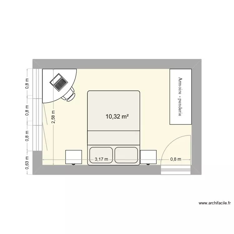 Chambre Stan. Plan de 1 Pièce et 10 m²