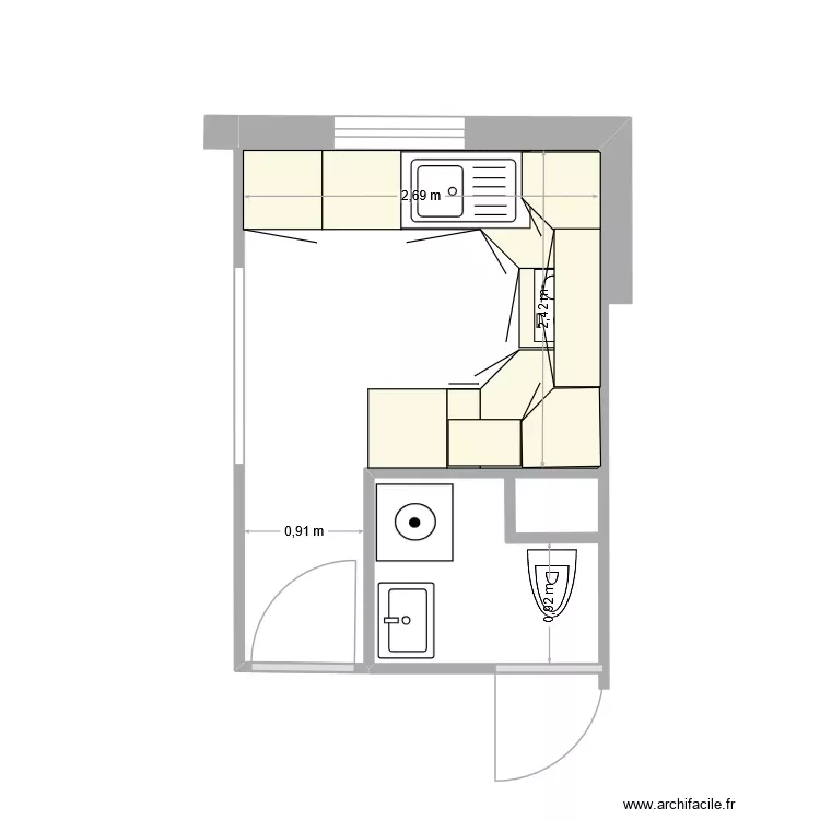 Cuisine Salle d'eau Am&eacute;nag&eacute;e. Plan de 