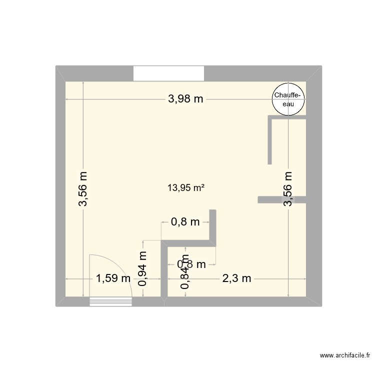 SdB Mannevy vide. Plan de 1 pièce et 14 m2