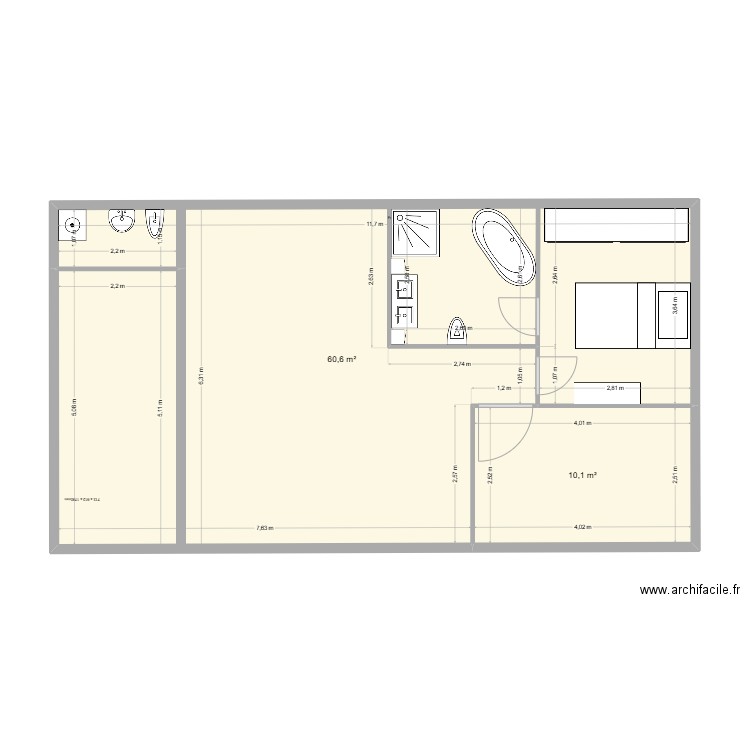 Tobs_plan de base avec les aménagements d'intérieur. Plan de 2 pièces et 71 m2