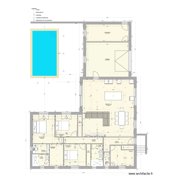 b&eacute;a27bis avec amenagement prises interrupteurs cameras. Plan de 17  et 189 m²