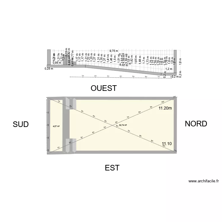 MUR EST. Plan de 2  et 37 m²