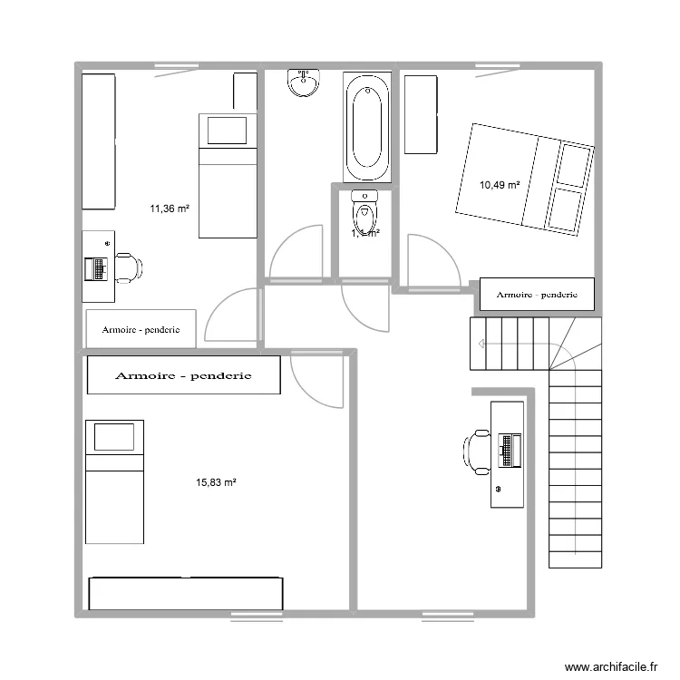 &Eacute;tage1-Beuzec. Plan de 4 pièces et 39 m²