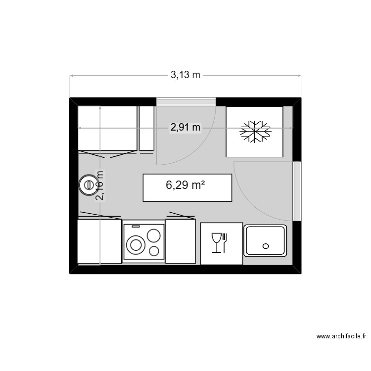 Cuisine. Plan de 1 pièce et 6 m2