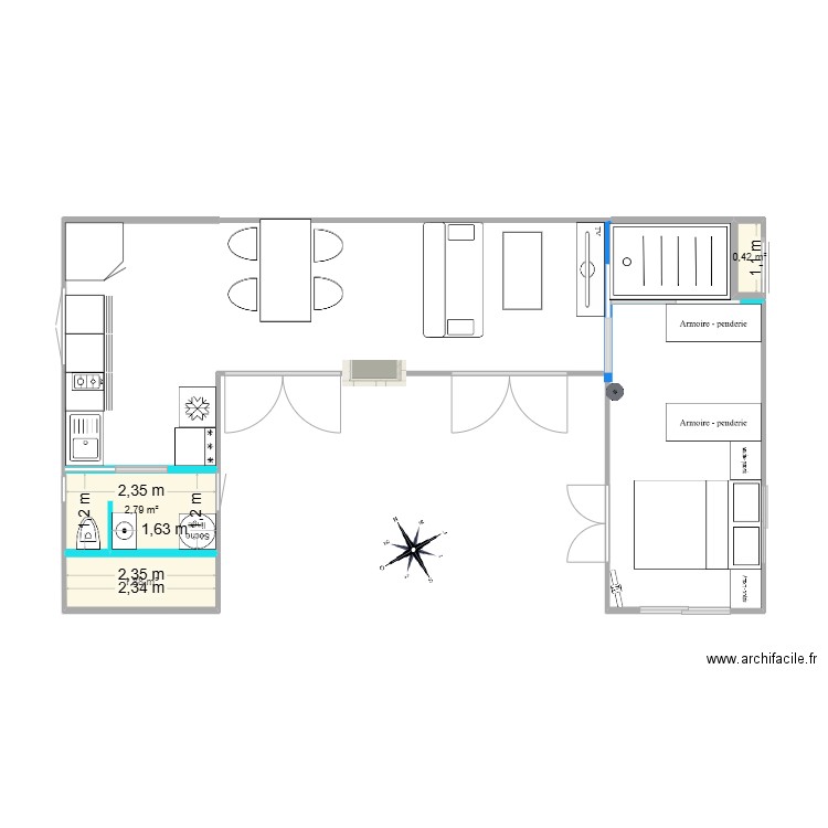 3 containers. Plan de 3 pièces et 5 m2
