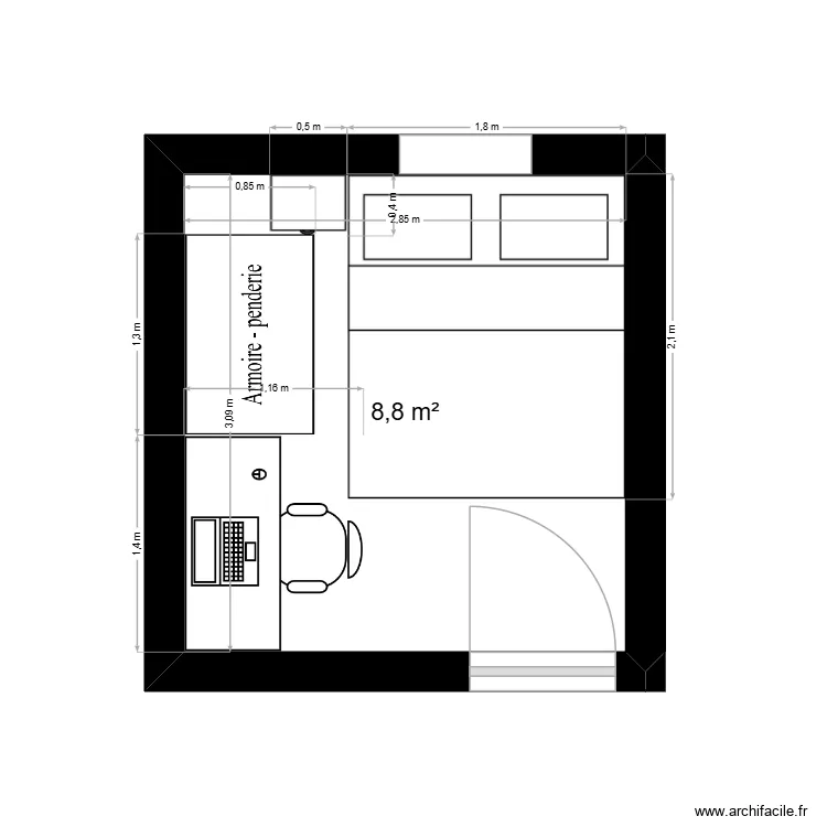 chambre de mya. Plan de 1  et 9 m²