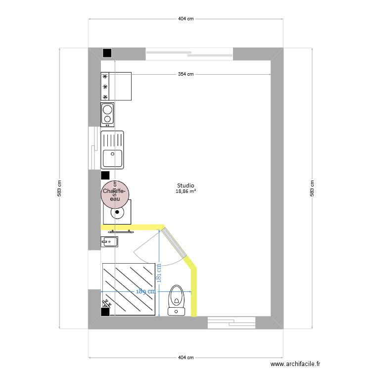 Studio avec cote SDB. Plan de 1 pièce et 19 m2