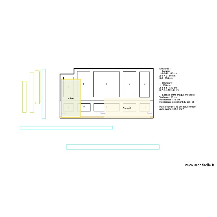 MOULURES N°10 - Modèle mur canapé - VF. Plan de 1 pièce et 12 m2