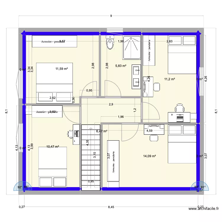 R+1. Plan de 11  et 60 m²