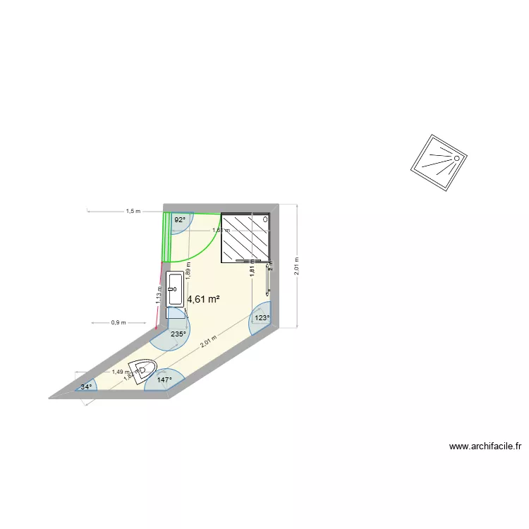 SDB Br&egrave;che aux Loups. Plan de 1  et 5 m²