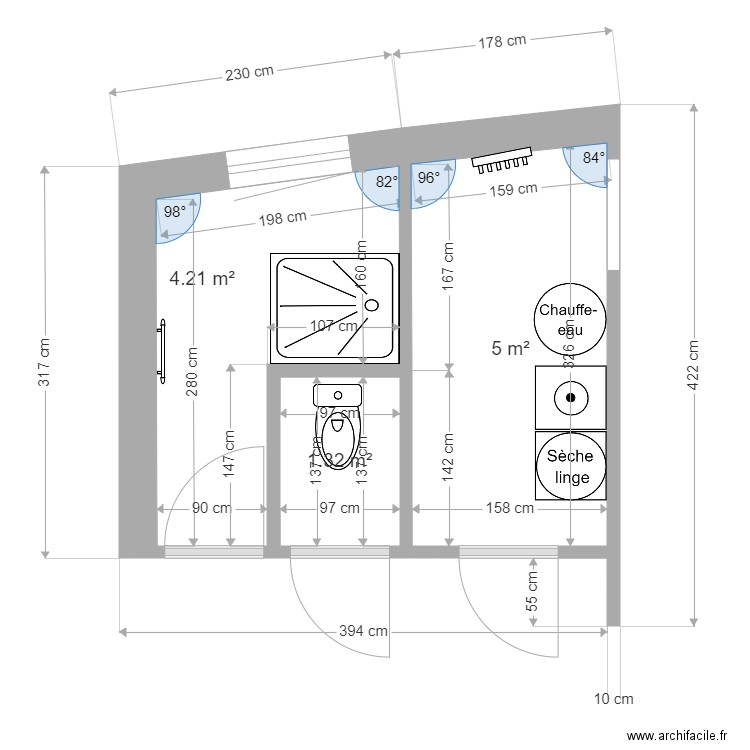 salle de bain. Plan de 3 pièces et 11 m2