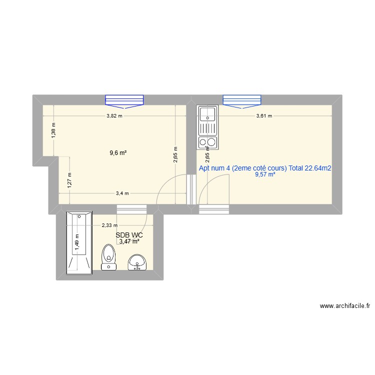 2eme étage coté cour. Plan de 3 pièces et 23 m2