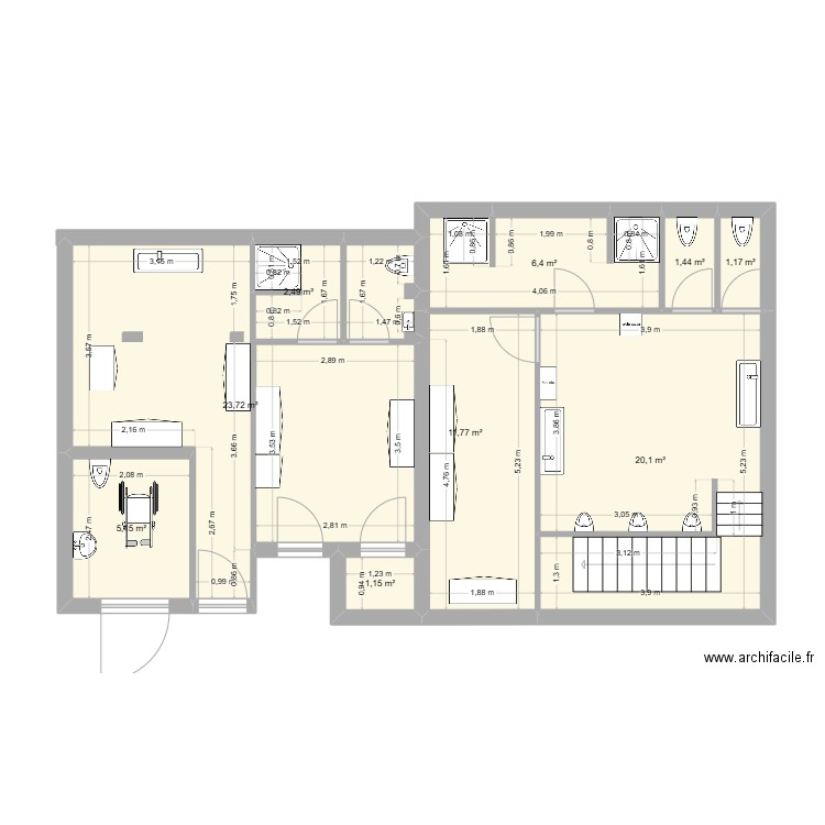 Vestiaires. Plan de 9 pièces et 73 m2