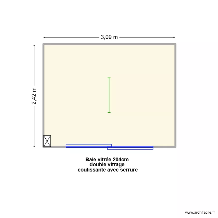3.09x2.42m avec baie vitr&eacute;e. Plan de 1  et 7 m²
