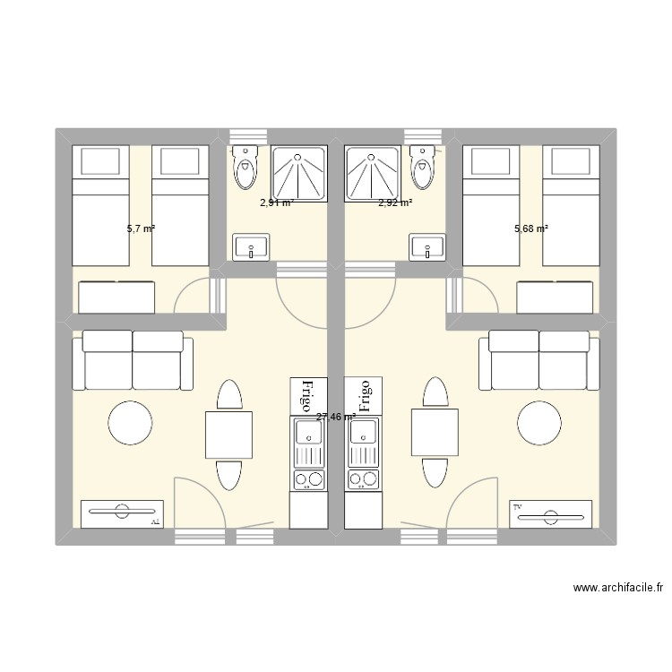 Gîte 2. Plan de 5 pièces et 45 m2