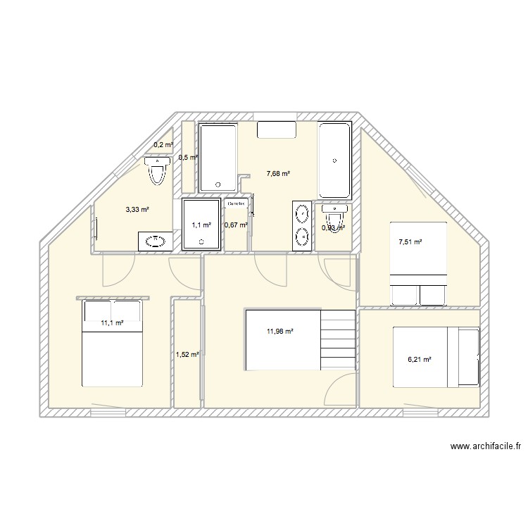 etage paviot. Plan de 12 pièces et 53 m2