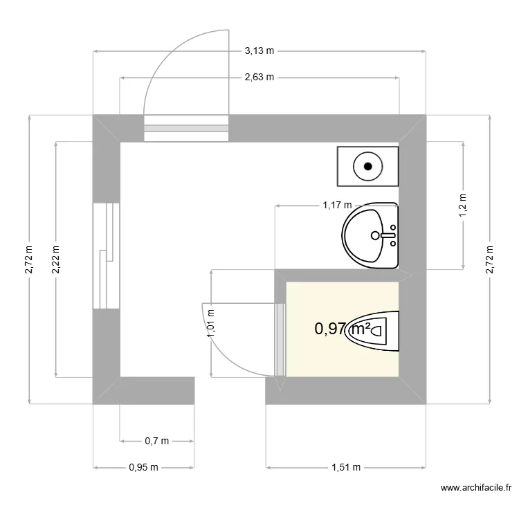 wc rdc. Plan de 1 pièce et 1 m²