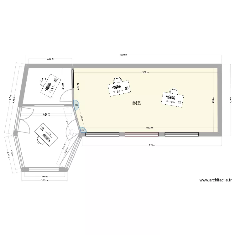 buro. Plan de 1  et 40 m²